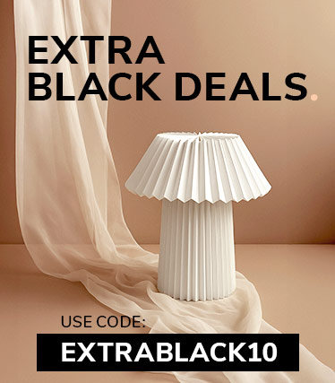 Promotional image for Extra Black Deals featuring a white pleated table lamp on a beige fabric background and the discount code ‘EXTRABLACK10’.