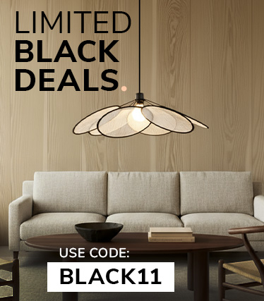 Promotional image for Extra Black Deals featuring a white pleated table lamp on a beige fabric background and the discount code ‘EXTRABLACK10’.