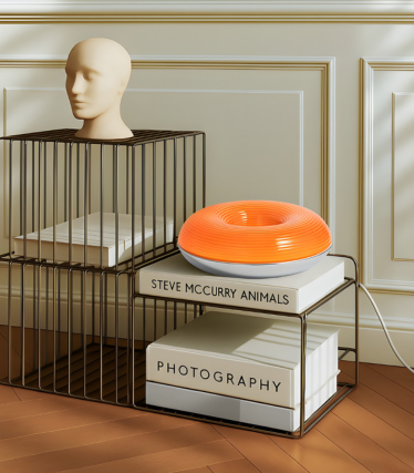 Modern Lindby table lamp in vibrant orange on a decorative shelf system.
