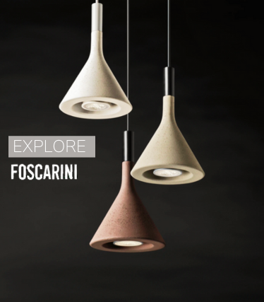 Three minimalist pendant lights from Foscarini in natural colours against a dark background.