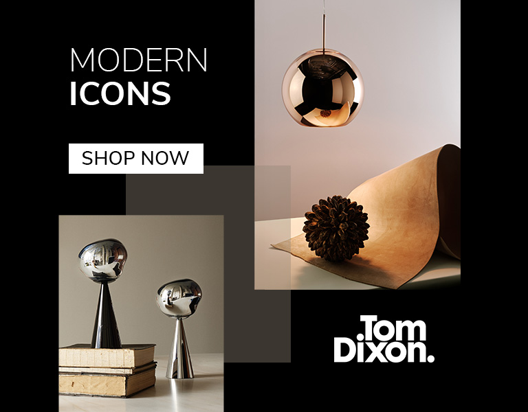 Tom Dixon metallic lighting and sculptural objects, including a copper pendant and chrome table lights, displayed on neutral surfaces. Text reads: &lsquo;Modern Icons. Shop Now. Tom Dixon.